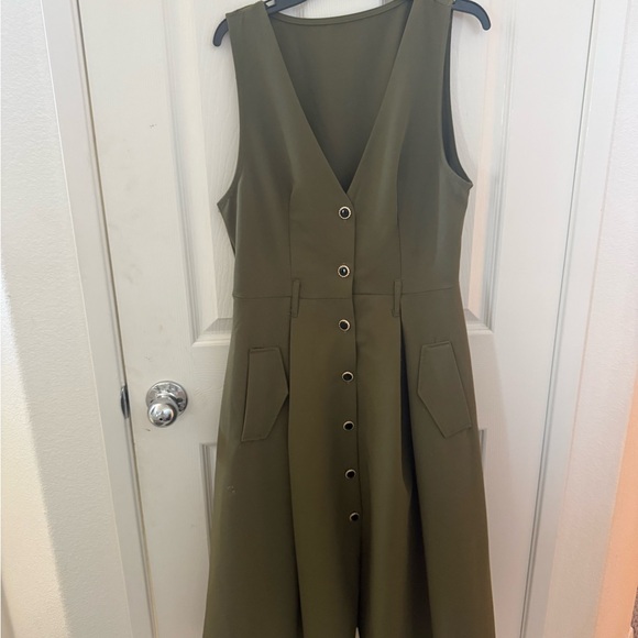 NWT Retro Stage GREEN 1950S V-NECK POCKETS BELTED VEST DRESS - Picture 3 of 7